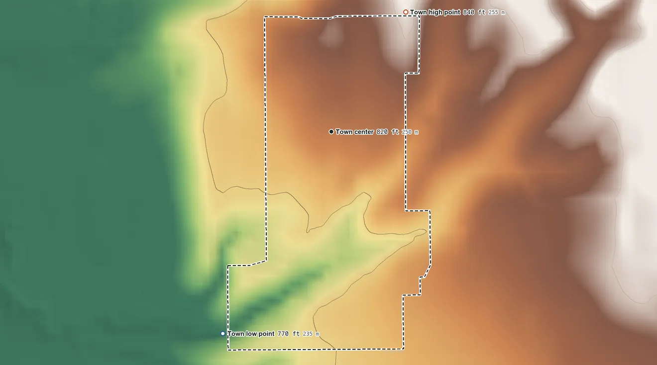 Topographic elevation map of Leon, Oklahoma, shaded from 770 ft on the southwest side to 840 ft on the northeast side