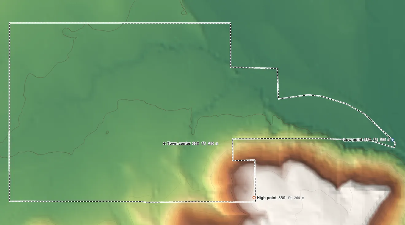 Topographic elevation map of Leonard, Oklahoma, shaded from 580 ft on the east side to 850 ft on the southeast side