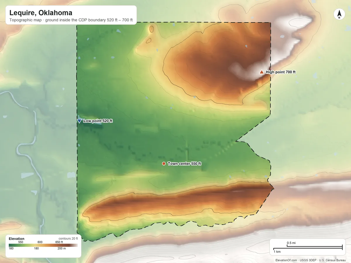 Topographic elevation map of Lequire, Oklahoma, shaded from 520 ft on the northwest side to 700 ft on the northeast side