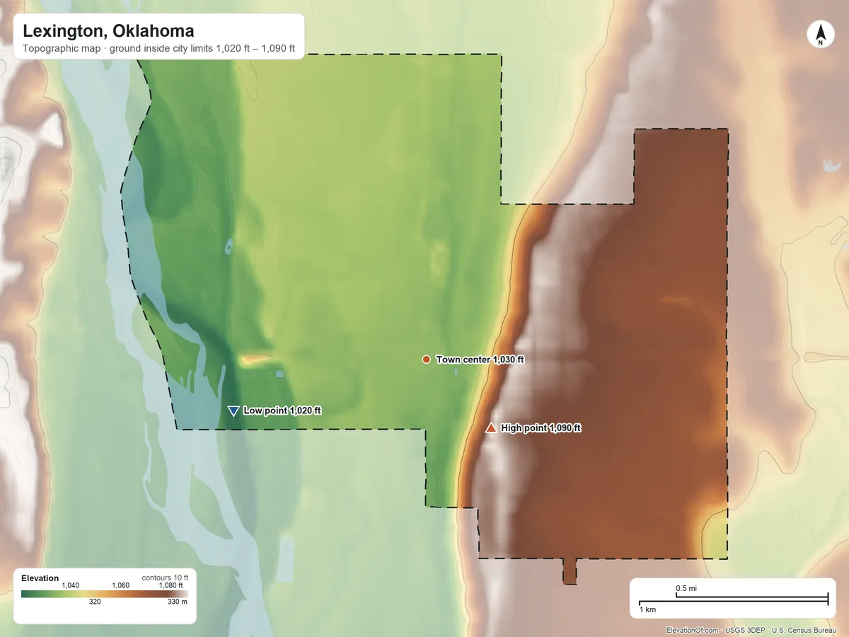 Topographic elevation map of Lexington, Oklahoma, shaded from 1,020 ft on the west side to 1,090 ft on the southeast side