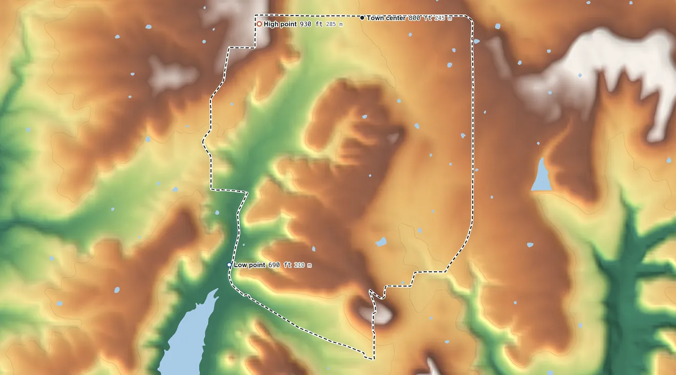 Topographic elevation map of Liberty, Oklahoma, shaded from 690 ft on the southwest side to 930 ft on the west side