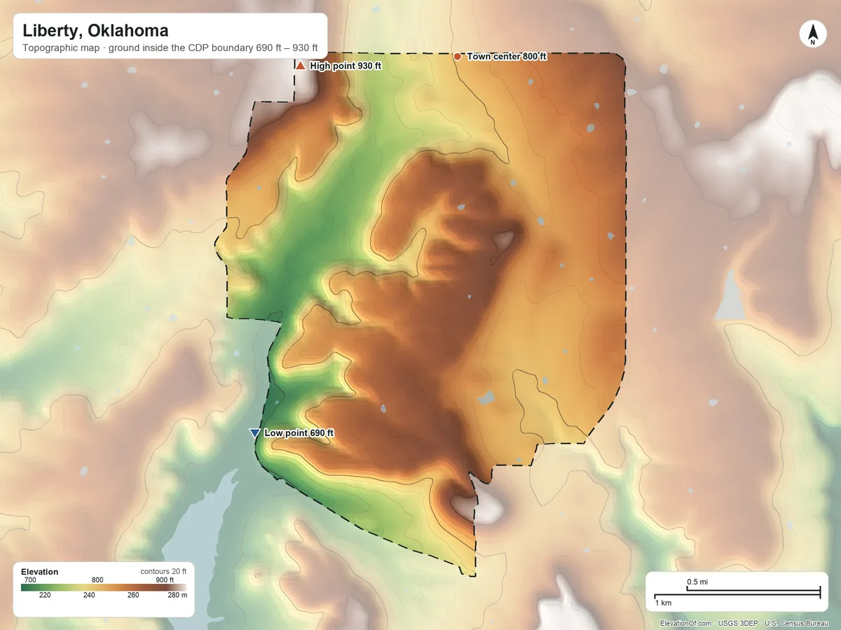 Topographic elevation map of Liberty, Oklahoma, shaded from 690 ft on the southwest side to 930 ft on the west side