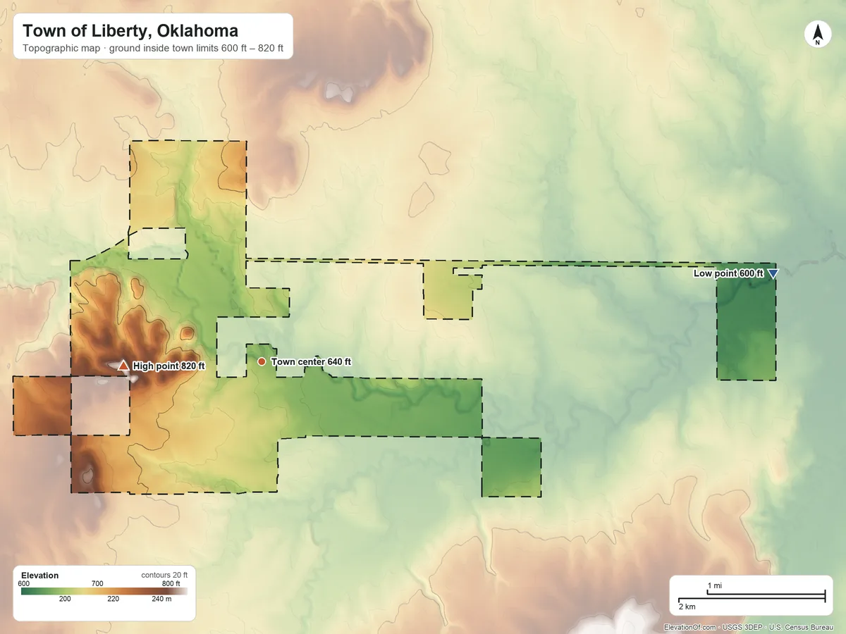 Topographic elevation map of Town of Liberty, Oklahoma, shaded from 600 ft on the east side to 820 ft on the west side