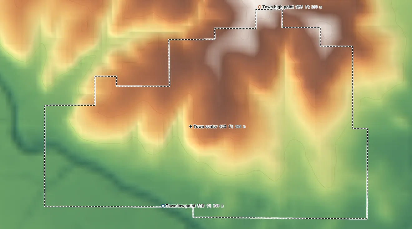 Topographic elevation map of Lima, Oklahoma, shaded from 810 ft on the south side to 920 ft on the northeast side