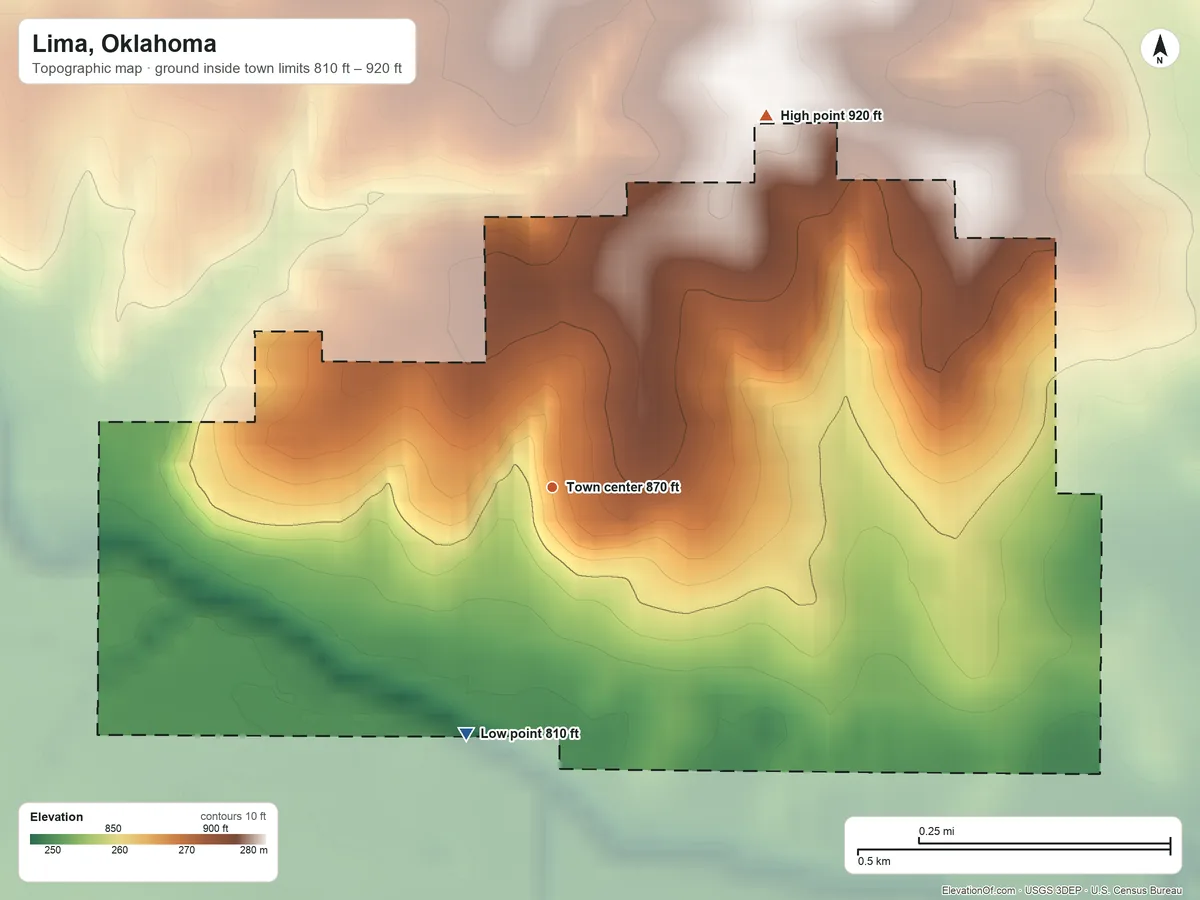 Topographic elevation map of Lima, Oklahoma, shaded from 810 ft on the south side to 920 ft on the northeast side