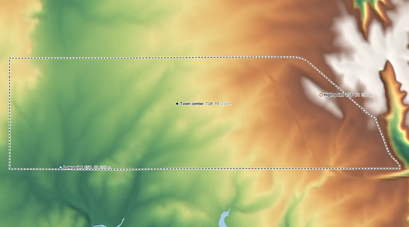 Topographic elevation map of Limestone, Oklahoma, shaded from 650 ft on the southwest side to 850 ft on the east side