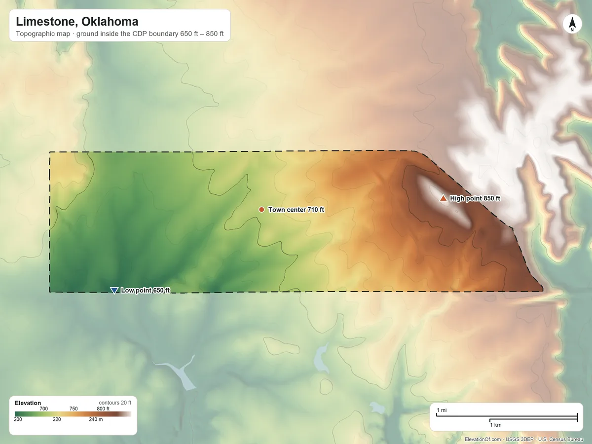 Topographic elevation map of Limestone, Oklahoma, shaded from 650 ft on the southwest side to 850 ft on the east side