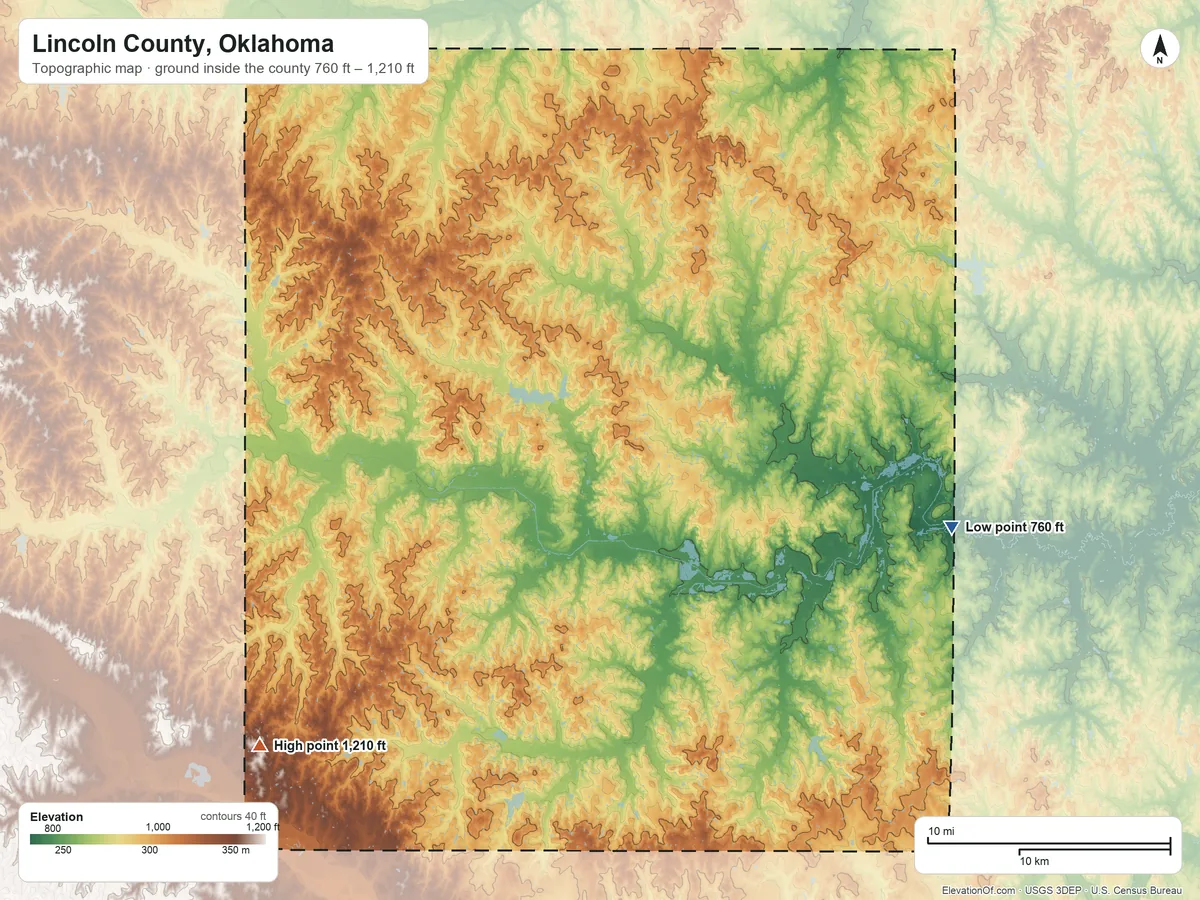 Topographic elevation map of Lincoln County, Oklahoma, shaded from 760 ft on the east side to 1,210 ft on the southwest side