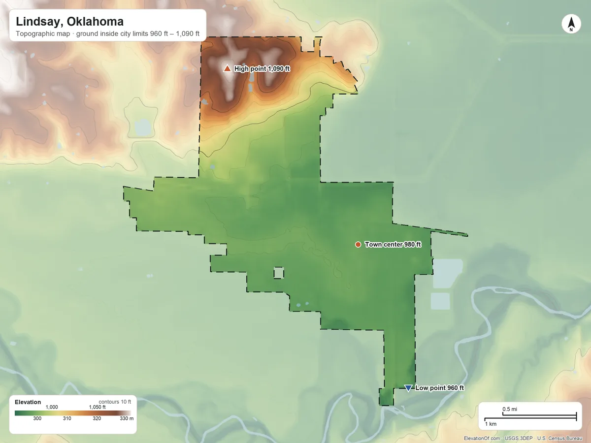 Topographic elevation map of Lindsay, Oklahoma, shaded from 960 ft on the south side to 1,090 ft on the northwest side