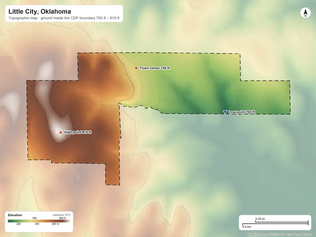 Topographic elevation map of Little City, Oklahoma, shaded from 700 ft on the southeast side to 810 ft on the southwest side