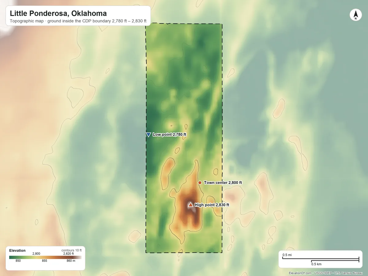 Topographic elevation map of Little Ponderosa, Oklahoma, shaded from 2,780 ft on the northwest side to 2,830 ft near the middle