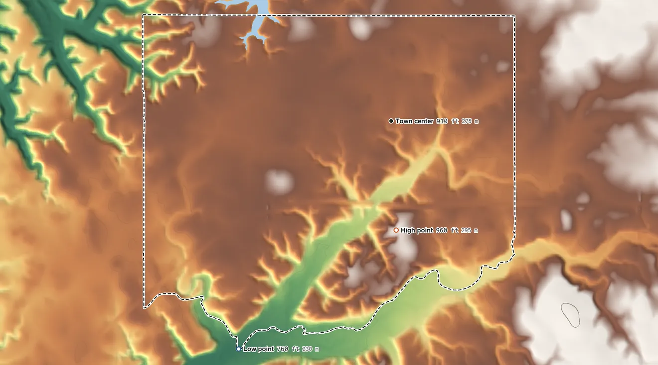 Topographic elevation map of Little Rock, Oklahoma, shaded from 760 ft on the southwest side to 960 ft on the south side