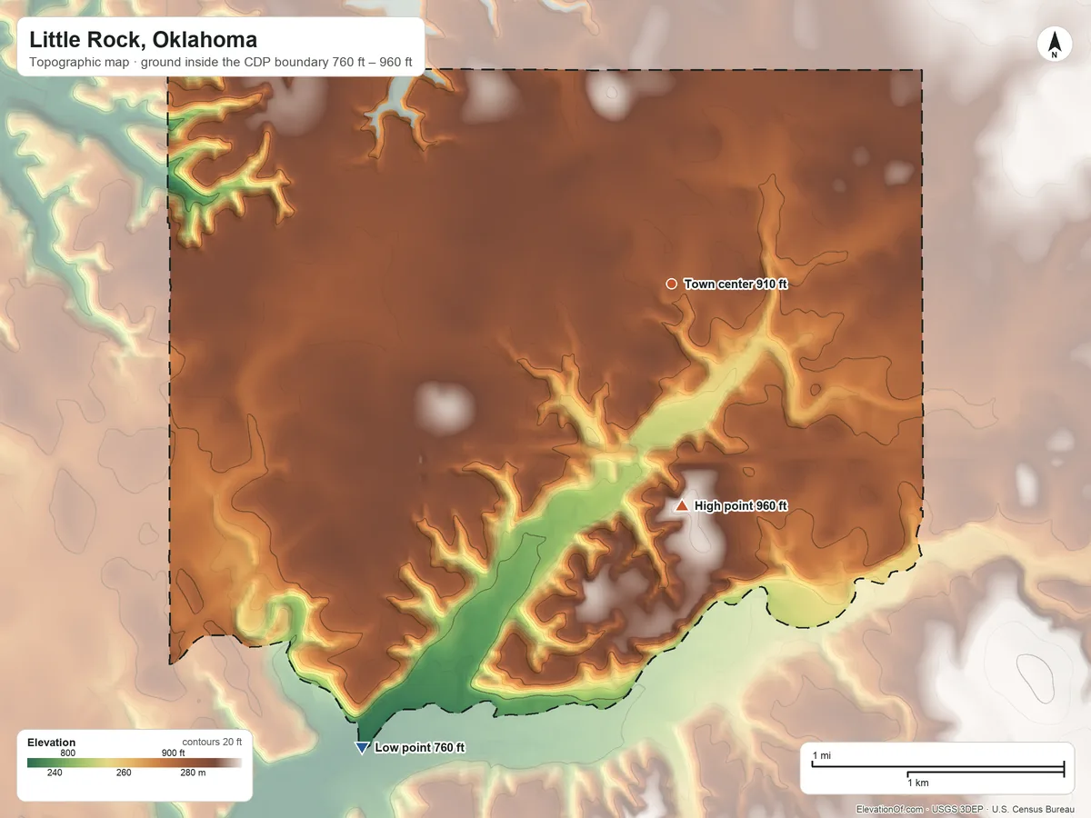 Topographic elevation map of Little Rock, Oklahoma, shaded from 760 ft on the southwest side to 960 ft on the south side