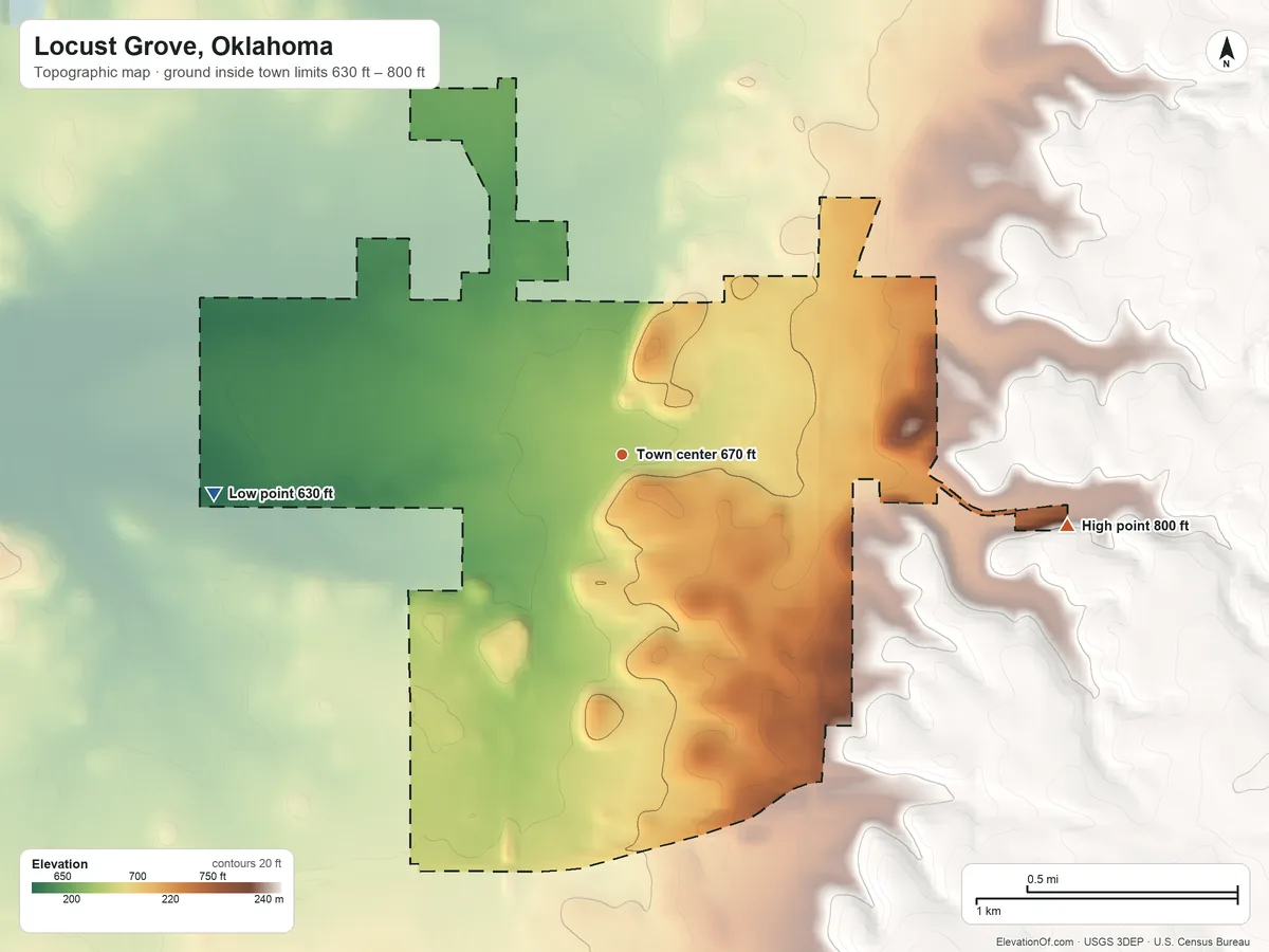 Topographic elevation map of Locust Grove, Oklahoma, shaded from 630 ft on the west side to 800 ft on the east side