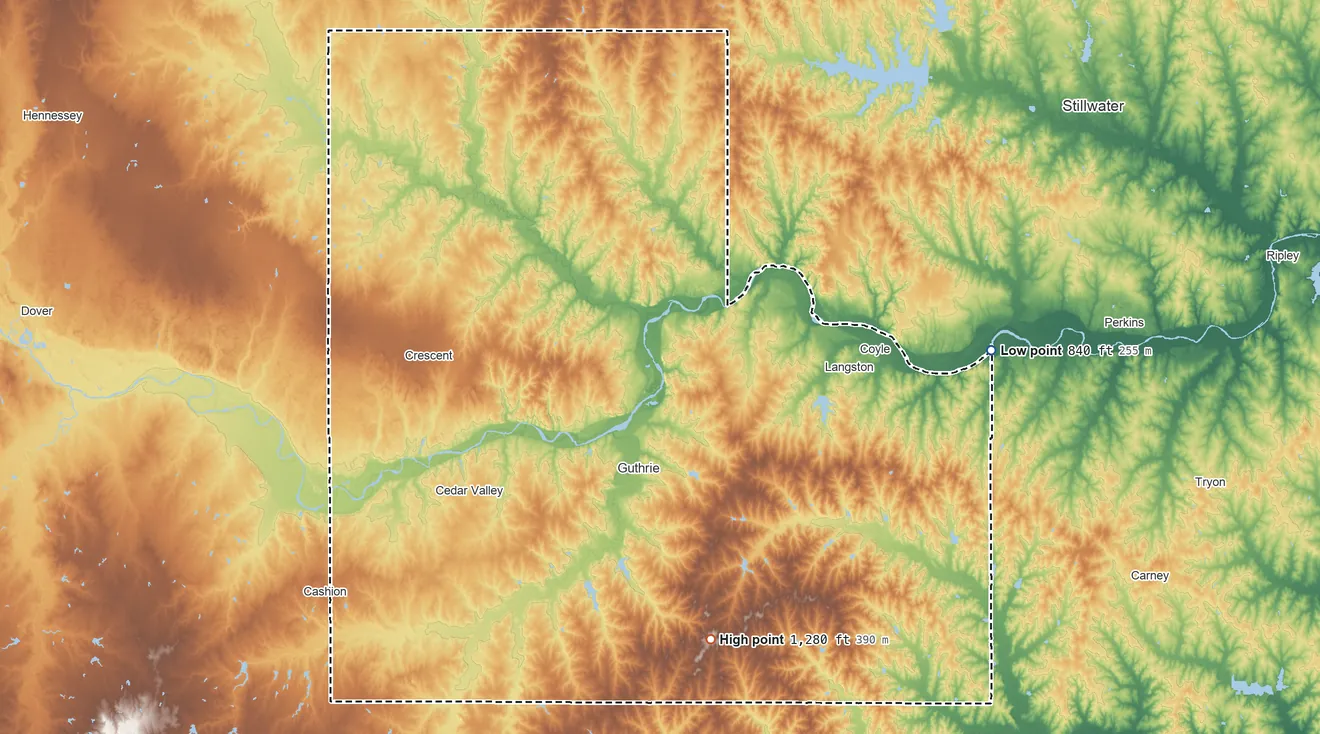 Topographic elevation map of Logan County, Oklahoma, shaded from 840 ft on the east side to 1,280 ft on the south side