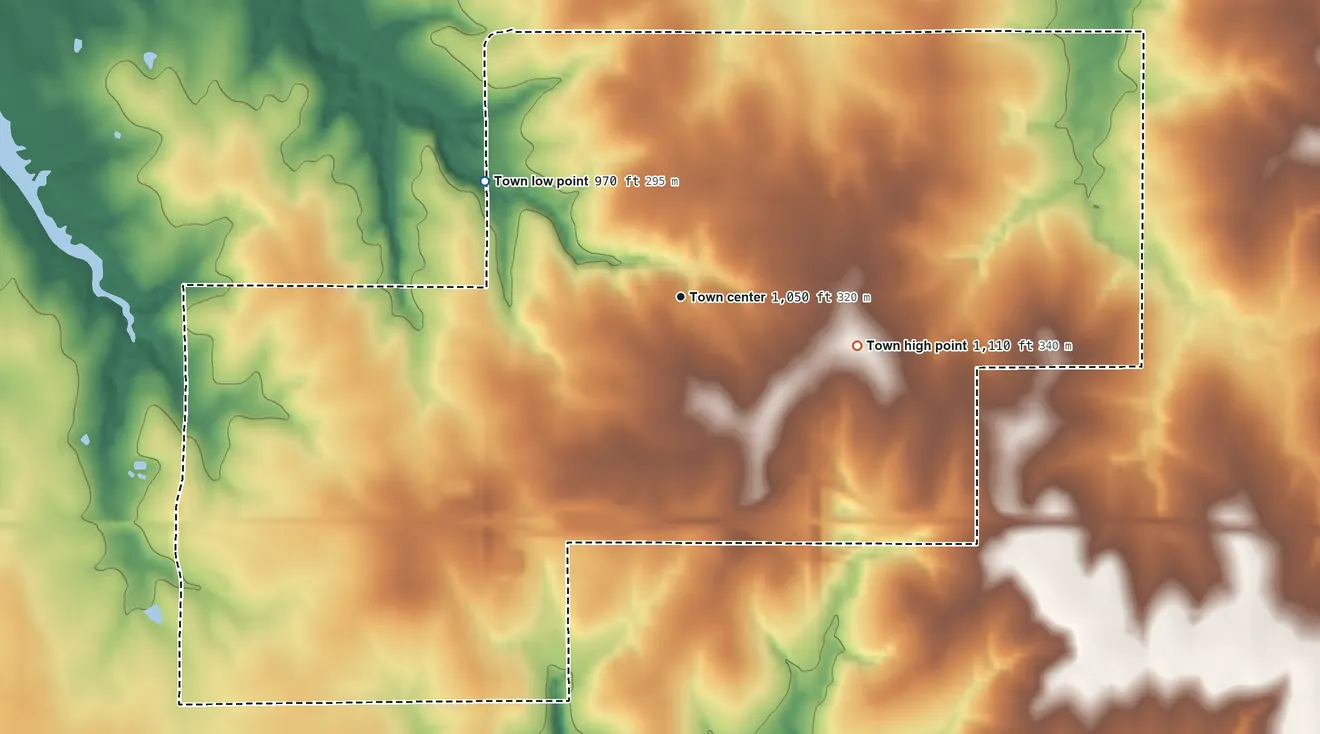 Topographic elevation map of Lone Chimney, Oklahoma, shaded from 970 ft on the northwest side to 1,110 ft on the east side