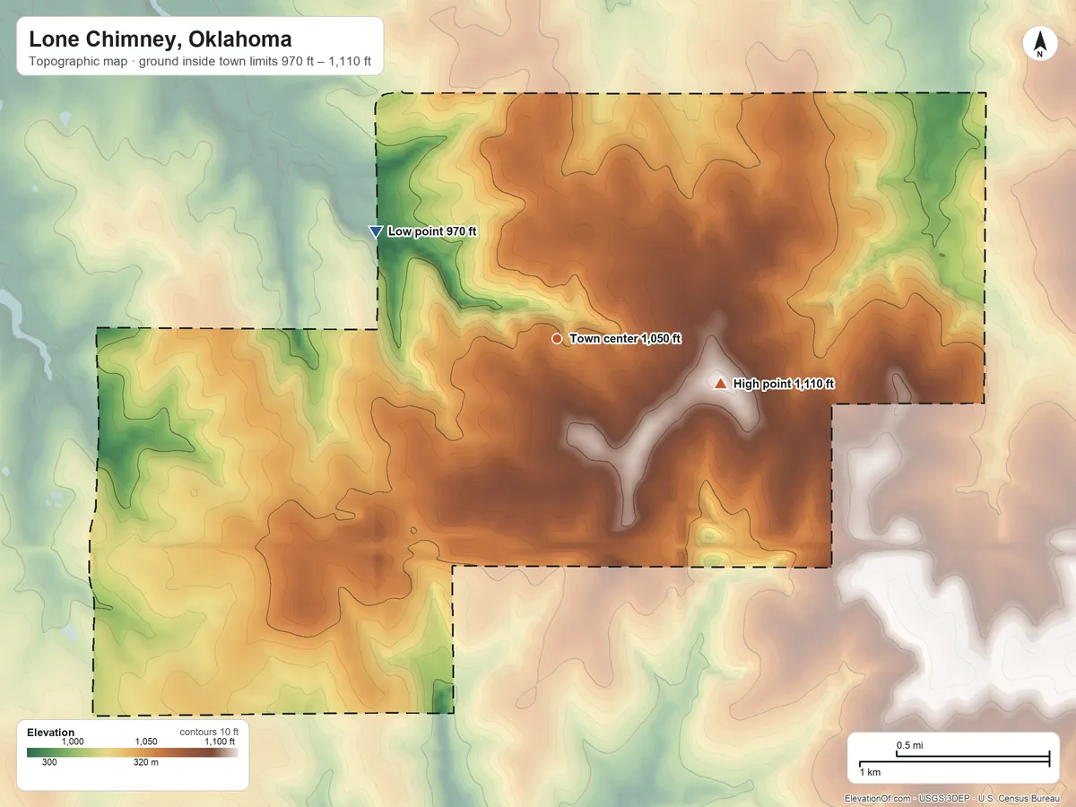 Topographic elevation map of Lone Chimney, Oklahoma, shaded from 970 ft on the northwest side to 1,110 ft on the east side