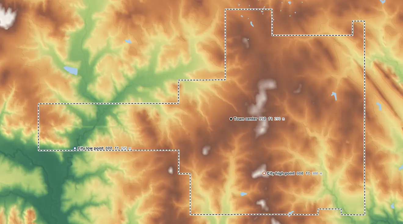 Topographic elevation map of Lone Grove, Oklahoma, shaded from 800 ft on the west side to 980 ft on the southeast side