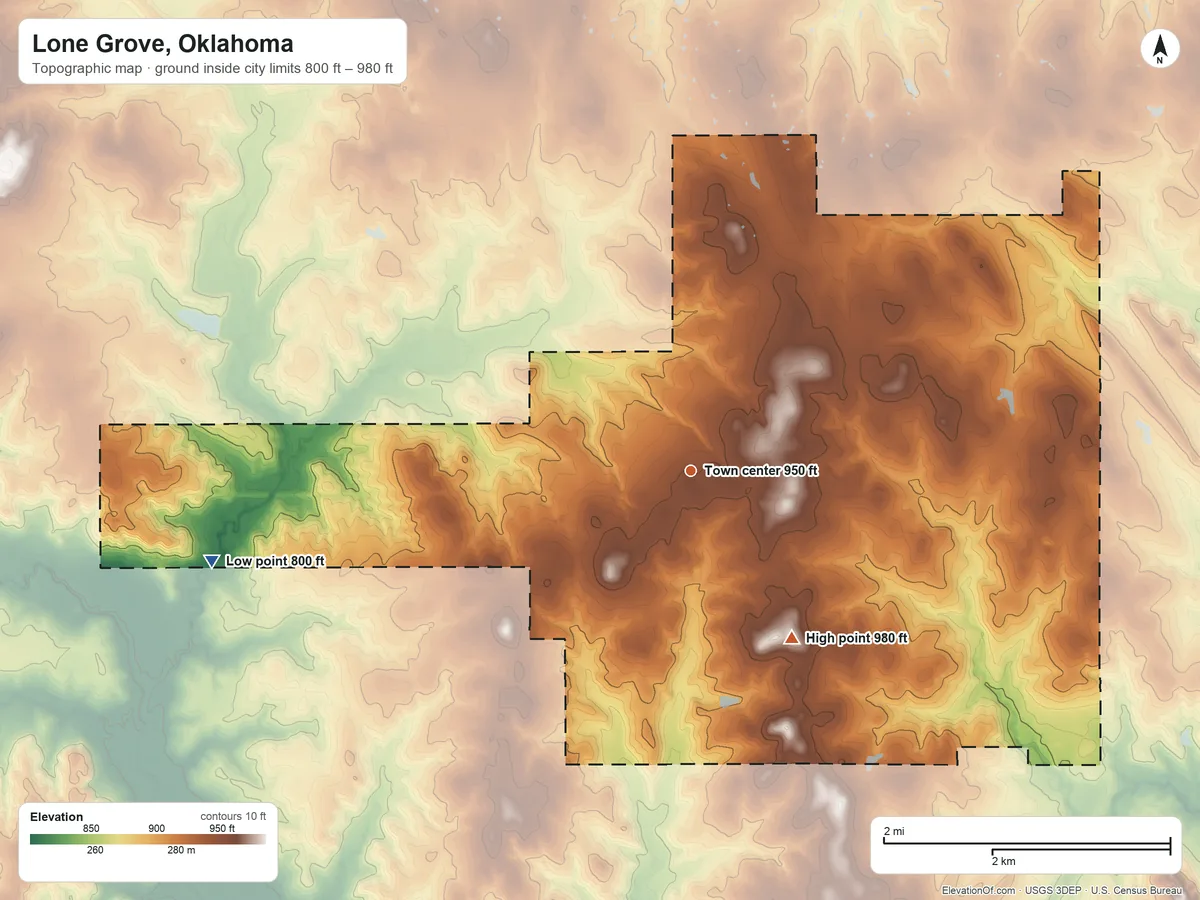 Topographic elevation map of Lone Grove, Oklahoma, shaded from 800 ft on the west side to 980 ft on the southeast side