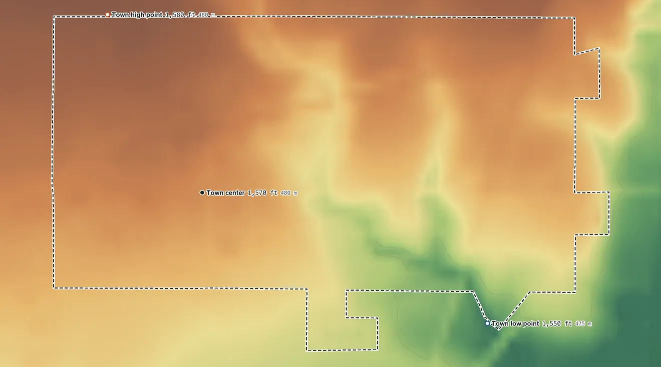 Topographic elevation map of Lone Wolf, Oklahoma, shaded from 1,550 ft on the southeast side to 1,580 ft on the northwest side