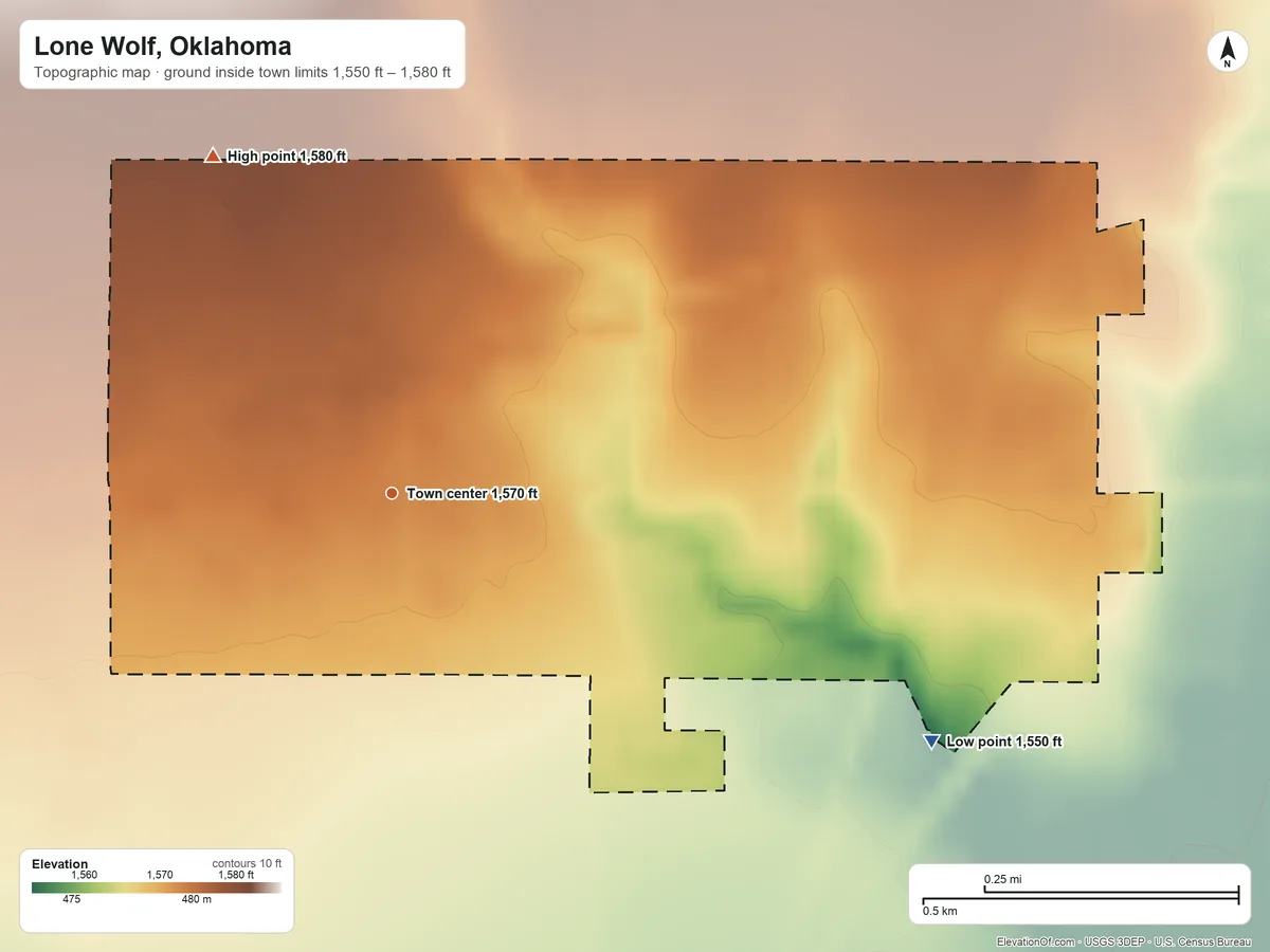 Topographic elevation map of Lone Wolf, Oklahoma, shaded from 1,550 ft on the southeast side to 1,580 ft on the northwest side