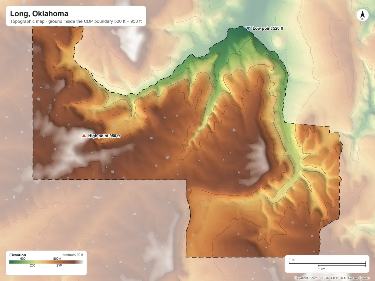 Topographic elevation map of Long, Oklahoma, shaded from 520 ft on the north side to 950 ft on the west side