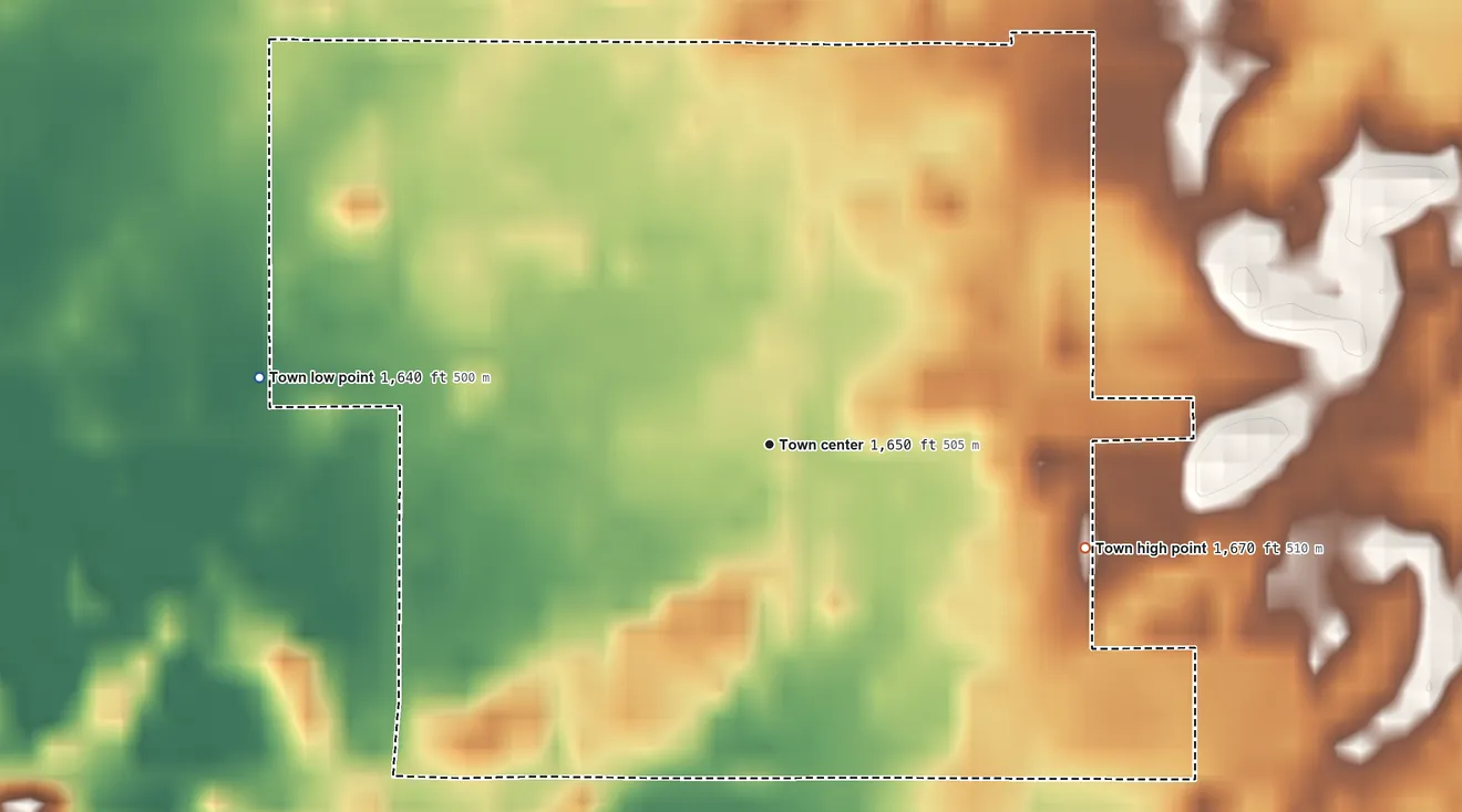 Topographic elevation map of Longdale, Oklahoma, shaded from 1,640 ft on the west side to 1,670 ft on the east side