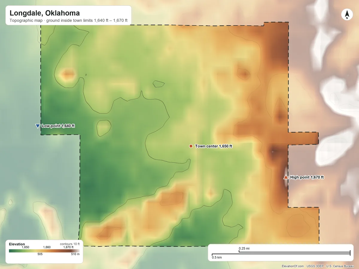 Topographic elevation map of Longdale, Oklahoma, shaded from 1,640 ft on the west side to 1,670 ft on the east side