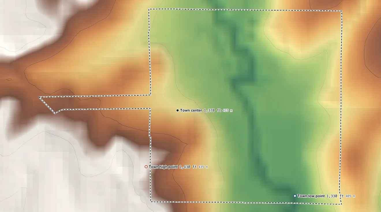 Topographic elevation map of Lookeba, Oklahoma, shaded from 1,330 ft on the southeast side to 1,430 ft on the southwest side