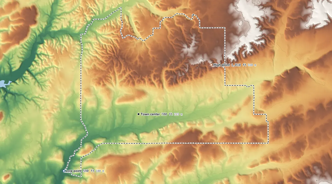 Topographic elevation map of Lost City, Oklahoma, shaded from 590 ft on the southwest side to 1,010 ft on the northeast side