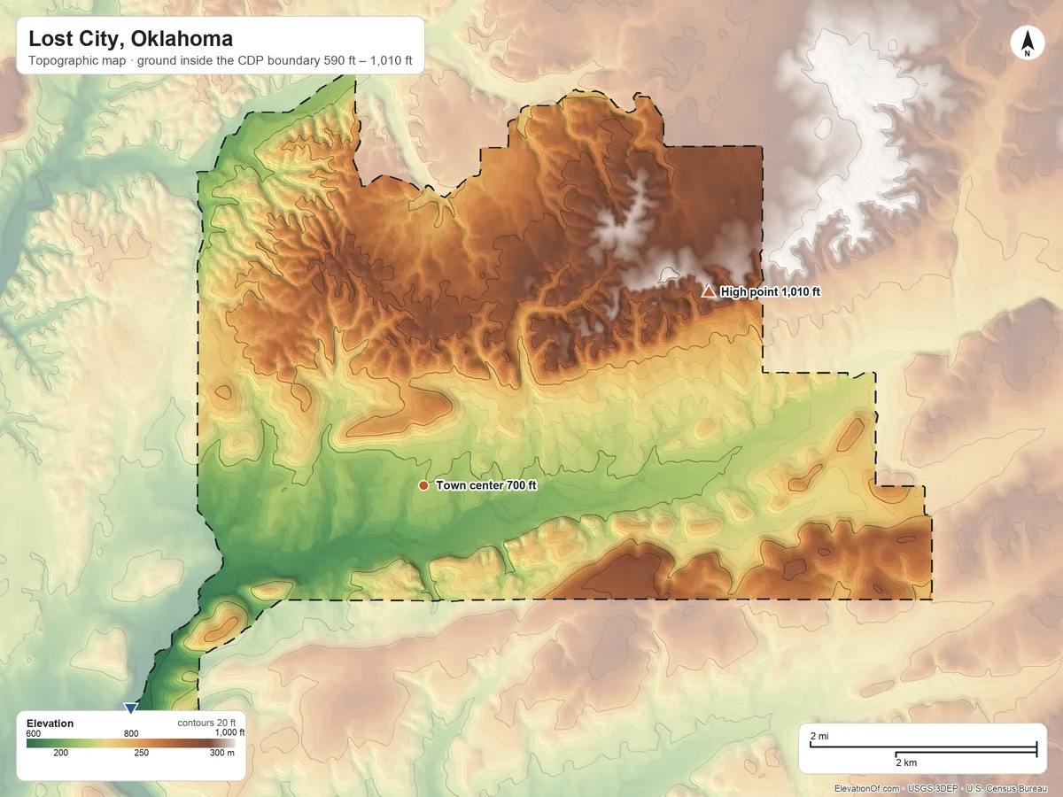 Topographic elevation map of Lost City, Oklahoma, shaded from 590 ft on the southwest side to 1,010 ft on the northeast side