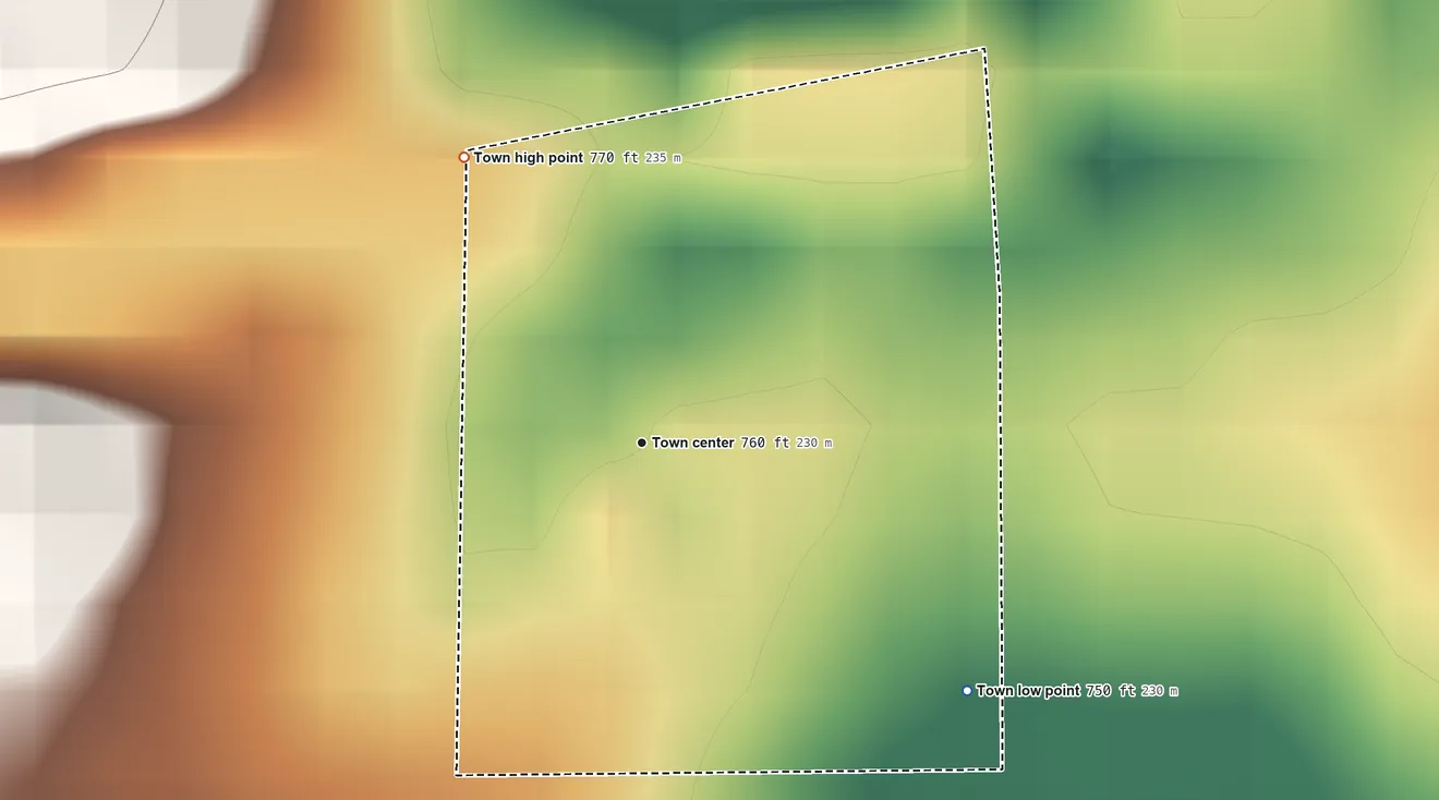 Topographic elevation map of Lotsee, Oklahoma, shaded from 750 ft on the southeast side to 770 ft on the northwest side