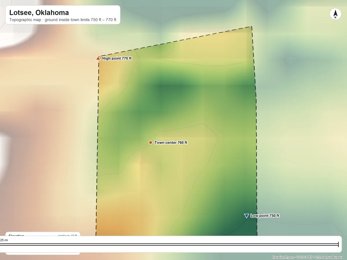 Topographic elevation map of Lotsee, Oklahoma, shaded from 750 ft on the southeast side to 770 ft on the northwest side