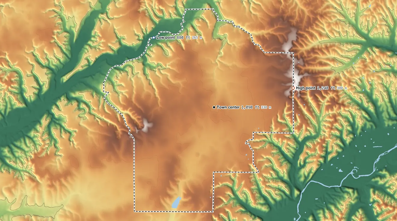 Topographic elevation map of Lowrey, Oklahoma, shaded from 880 ft on the northwest side to 1,240 ft on the east side