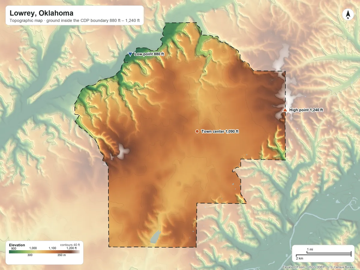 Topographic elevation map of Lowrey, Oklahoma, shaded from 880 ft on the northwest side to 1,240 ft on the east side