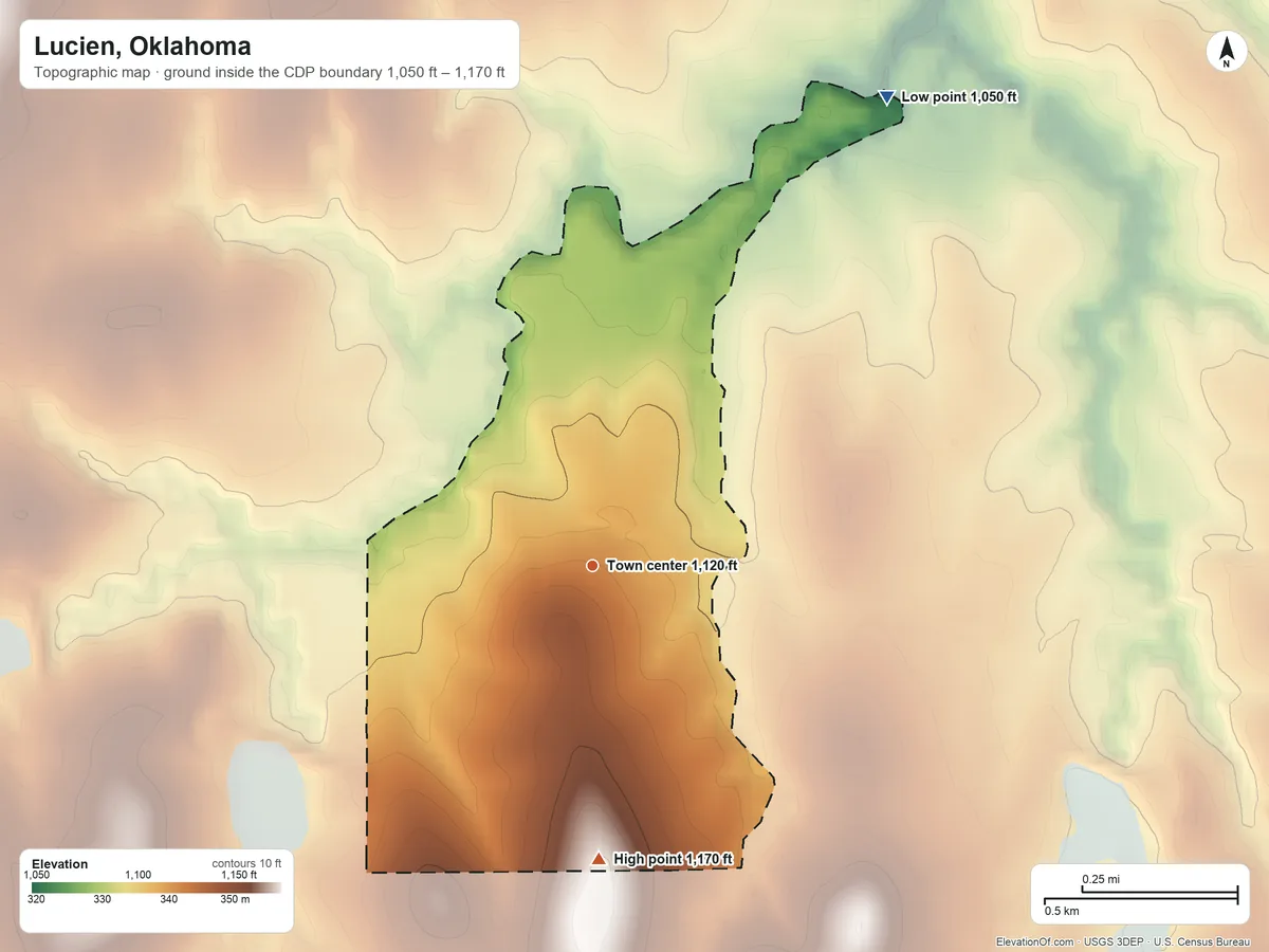 Topographic elevation map of Lucien, Oklahoma, shaded from 1,050 ft on the northeast side to 1,170 ft on the south side