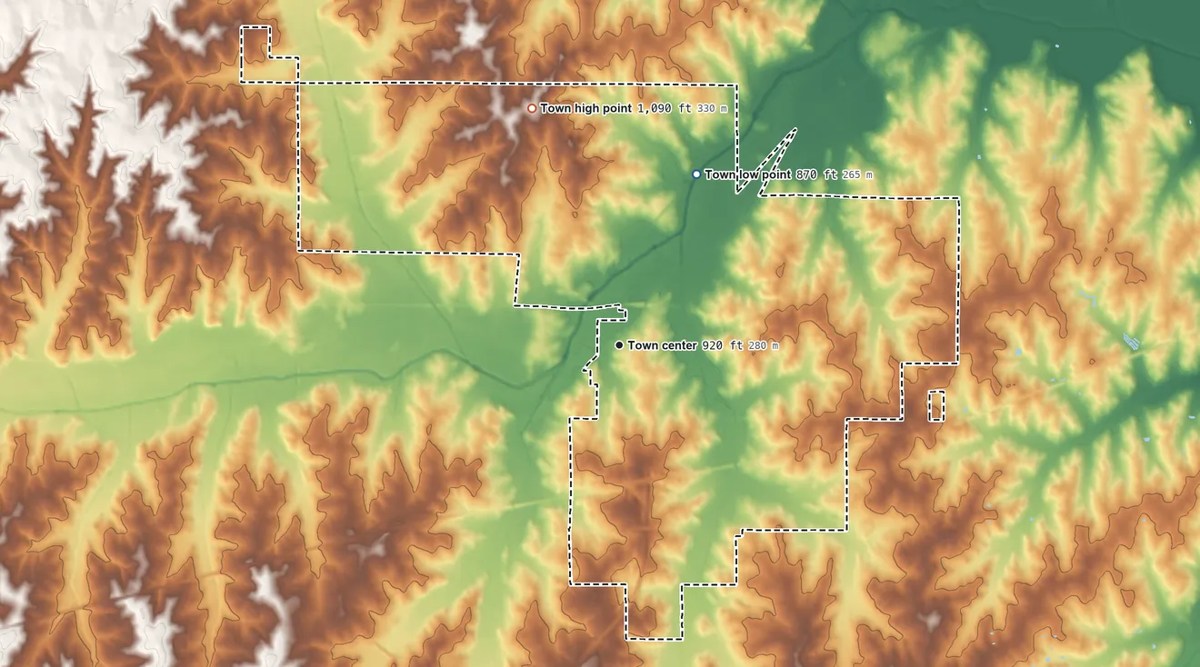 Topographic elevation map of Luther, Oklahoma, shaded from 870 ft on the northeast side to 1,090 ft on the north side