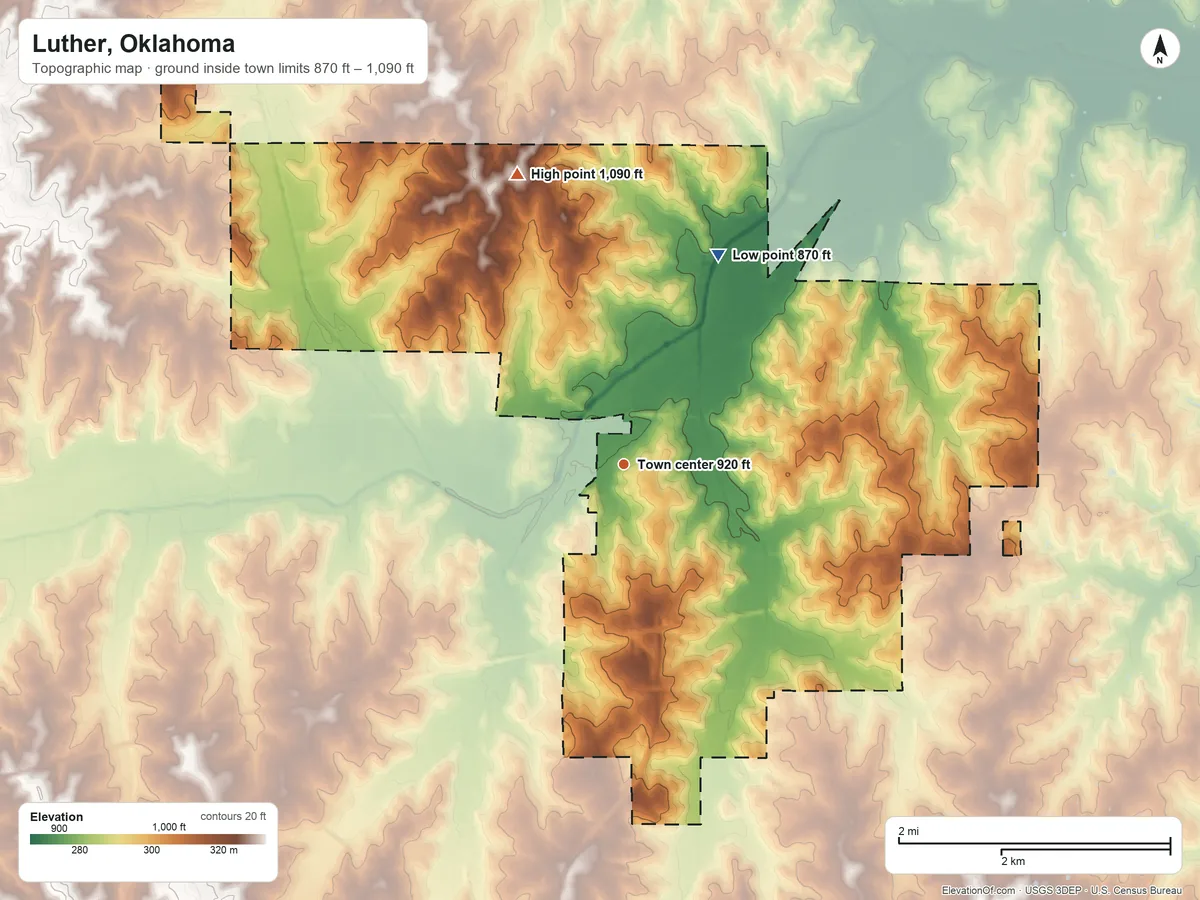 Topographic elevation map of Luther, Oklahoma, shaded from 870 ft on the northeast side to 1,090 ft on the north side