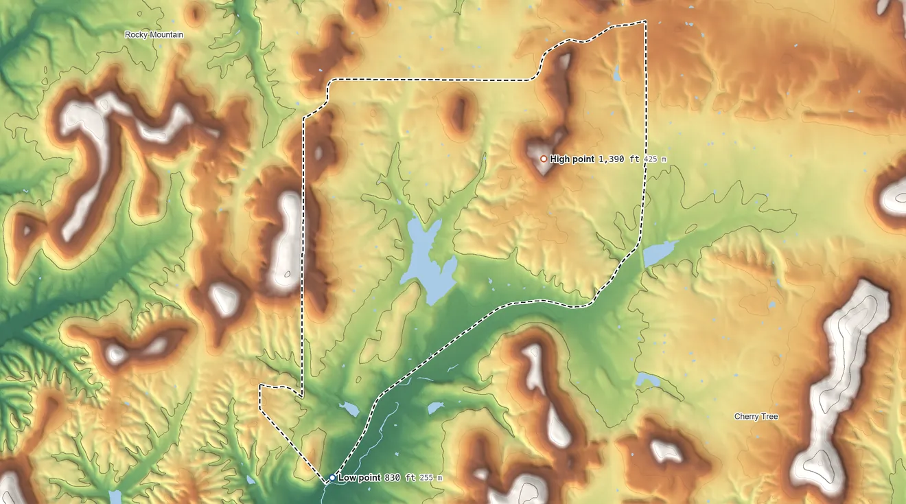 Topographic elevation map of Lyons Switch, Oklahoma, shaded from 830 ft on the south side to 1,390 ft on the northeast side