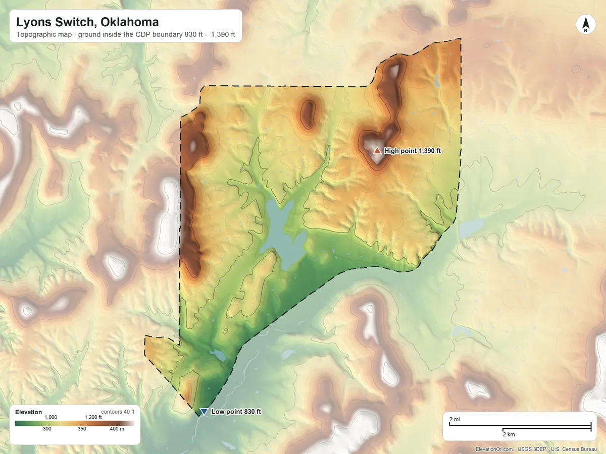 Topographic elevation map of Lyons Switch, Oklahoma, shaded from 830 ft on the south side to 1,390 ft on the northeast side