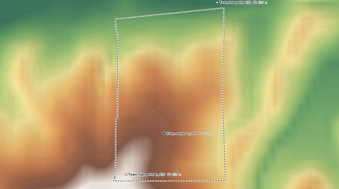 Topographic elevation map of Macomb, Oklahoma, shaded from 930 ft on the north side to 1,020 ft on the southwest side