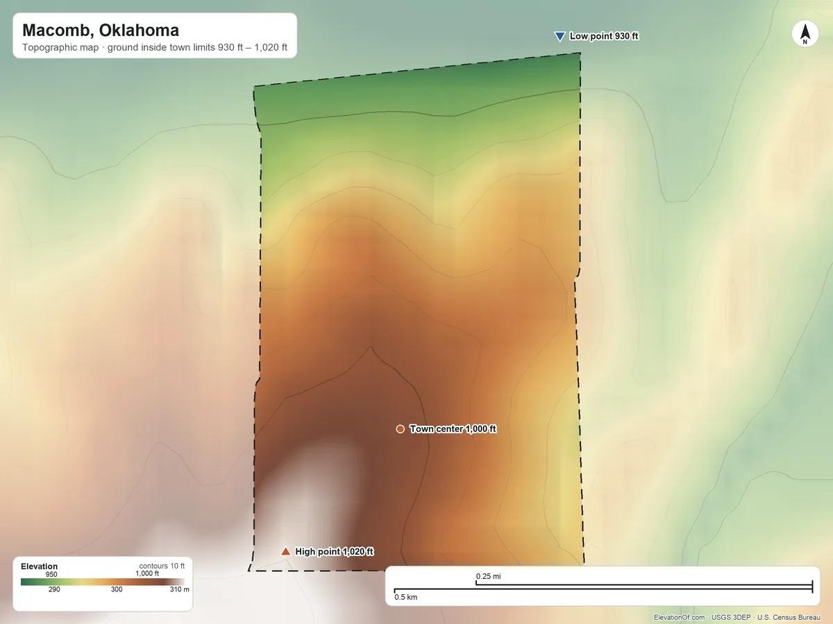Topographic elevation map of Macomb, Oklahoma, shaded from 930 ft on the north side to 1,020 ft on the southwest side