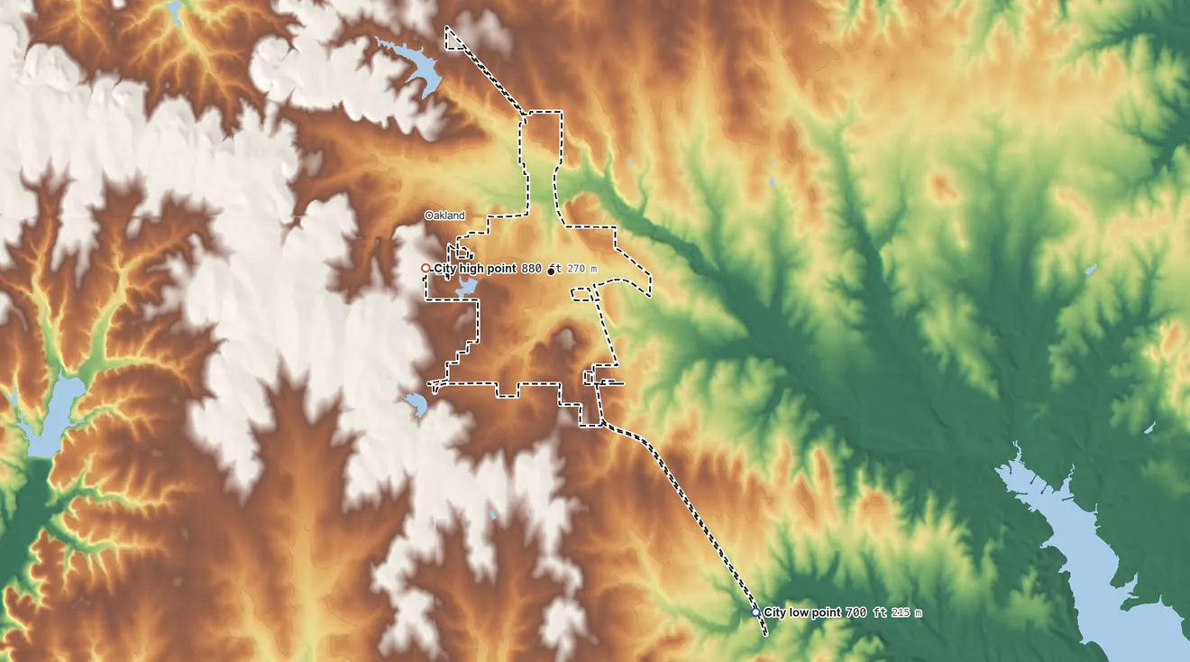 Topographic elevation map of Madill, Oklahoma, shaded from 700 ft on the southeast side to 880 ft on the west side