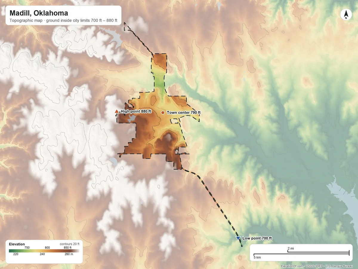 Topographic elevation map of Madill, Oklahoma, shaded from 700 ft on the southeast side to 880 ft on the west side
