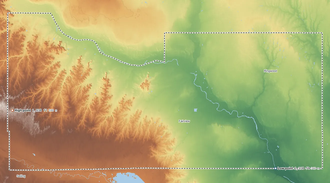Topographic elevation map of Major County, Oklahoma, shaded from 1,110 ft on the southeast side to 1,930 ft on the west side