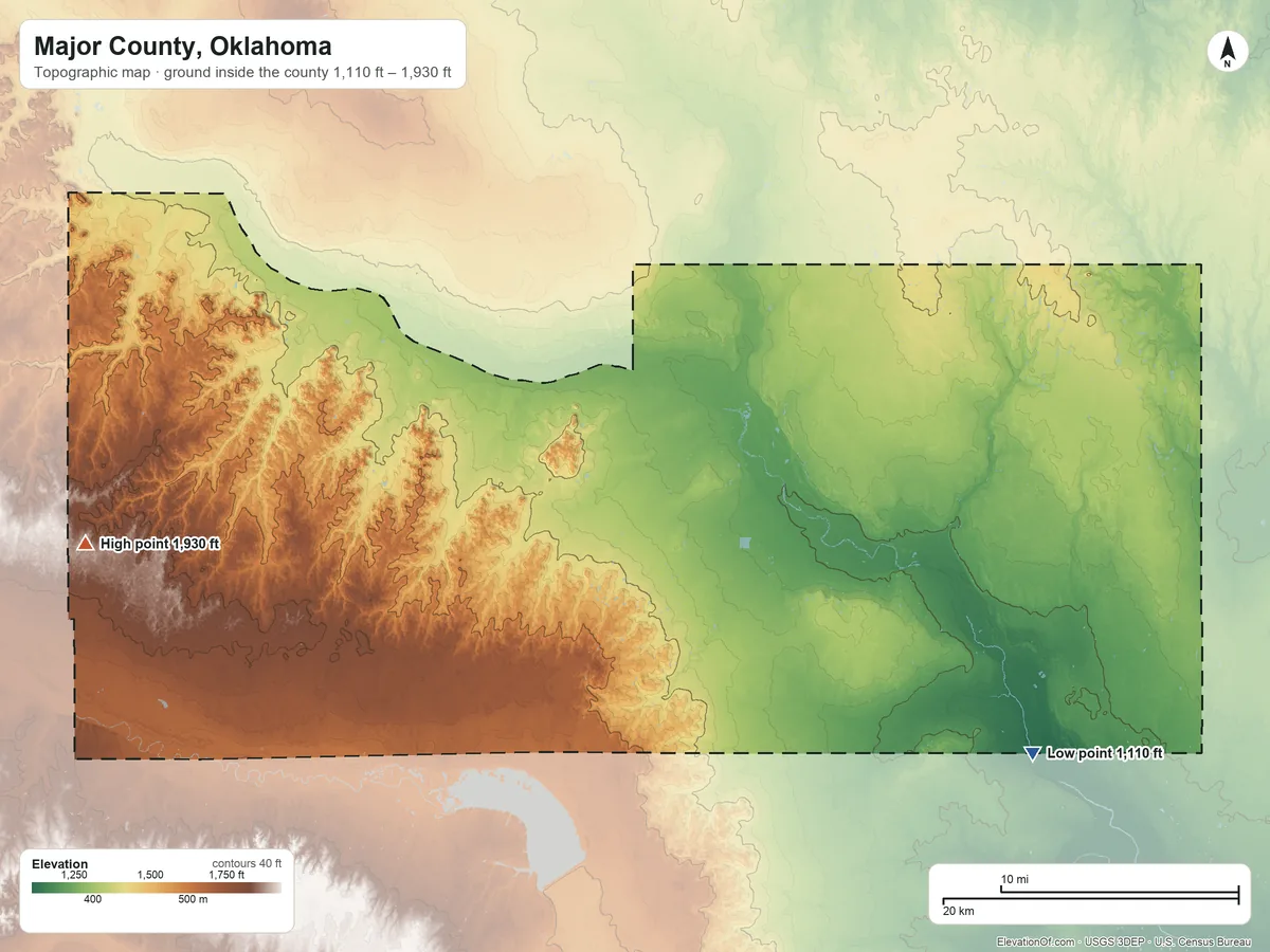 Topographic elevation map of Major County, Oklahoma, shaded from 1,110 ft on the southeast side to 1,930 ft on the west side