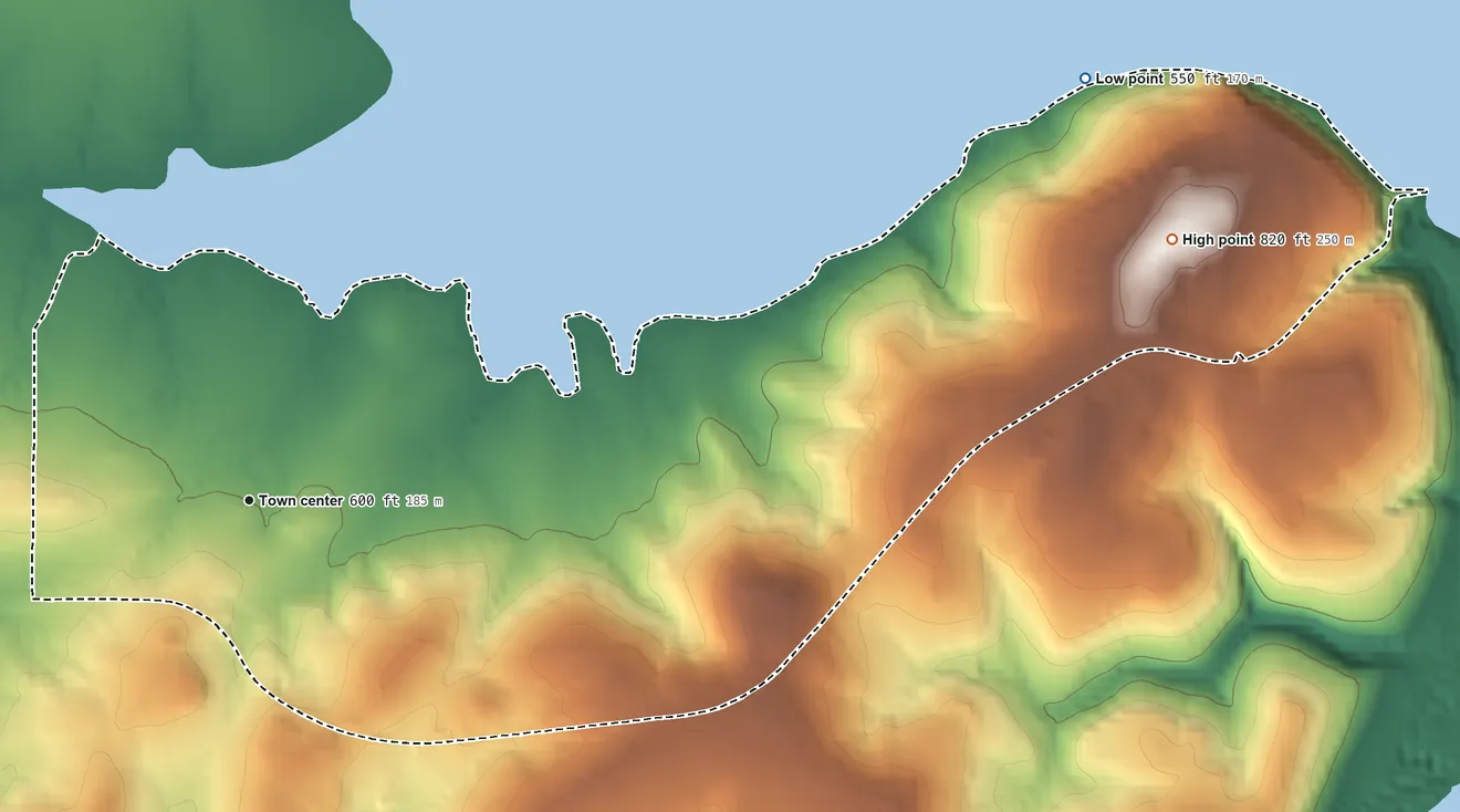 Topographic elevation map of Mallard Bay, Oklahoma, shaded from 550 ft on the northeast side to 820 ft on the east side