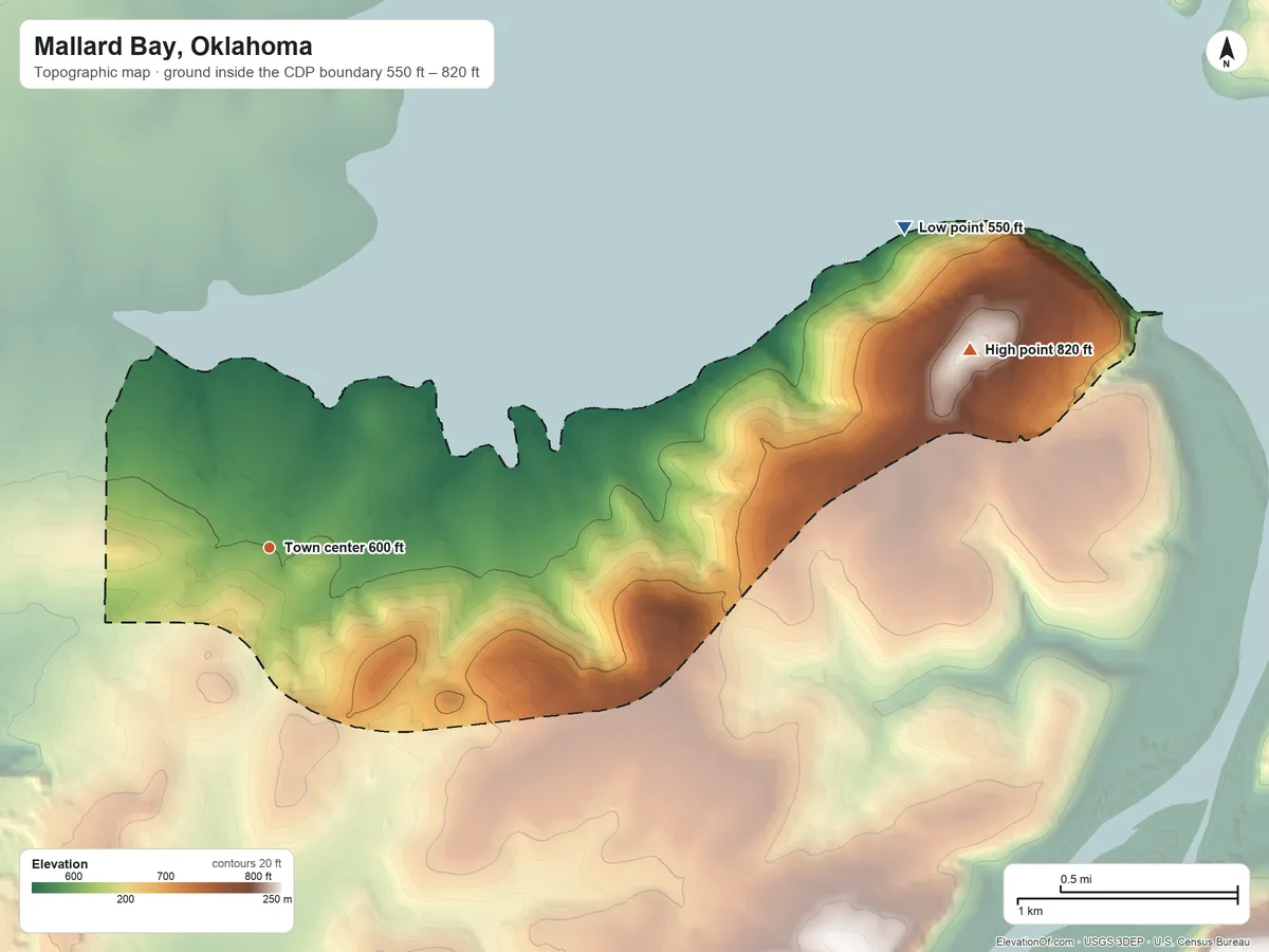 Topographic elevation map of Mallard Bay, Oklahoma, shaded from 550 ft on the northeast side to 820 ft on the east side