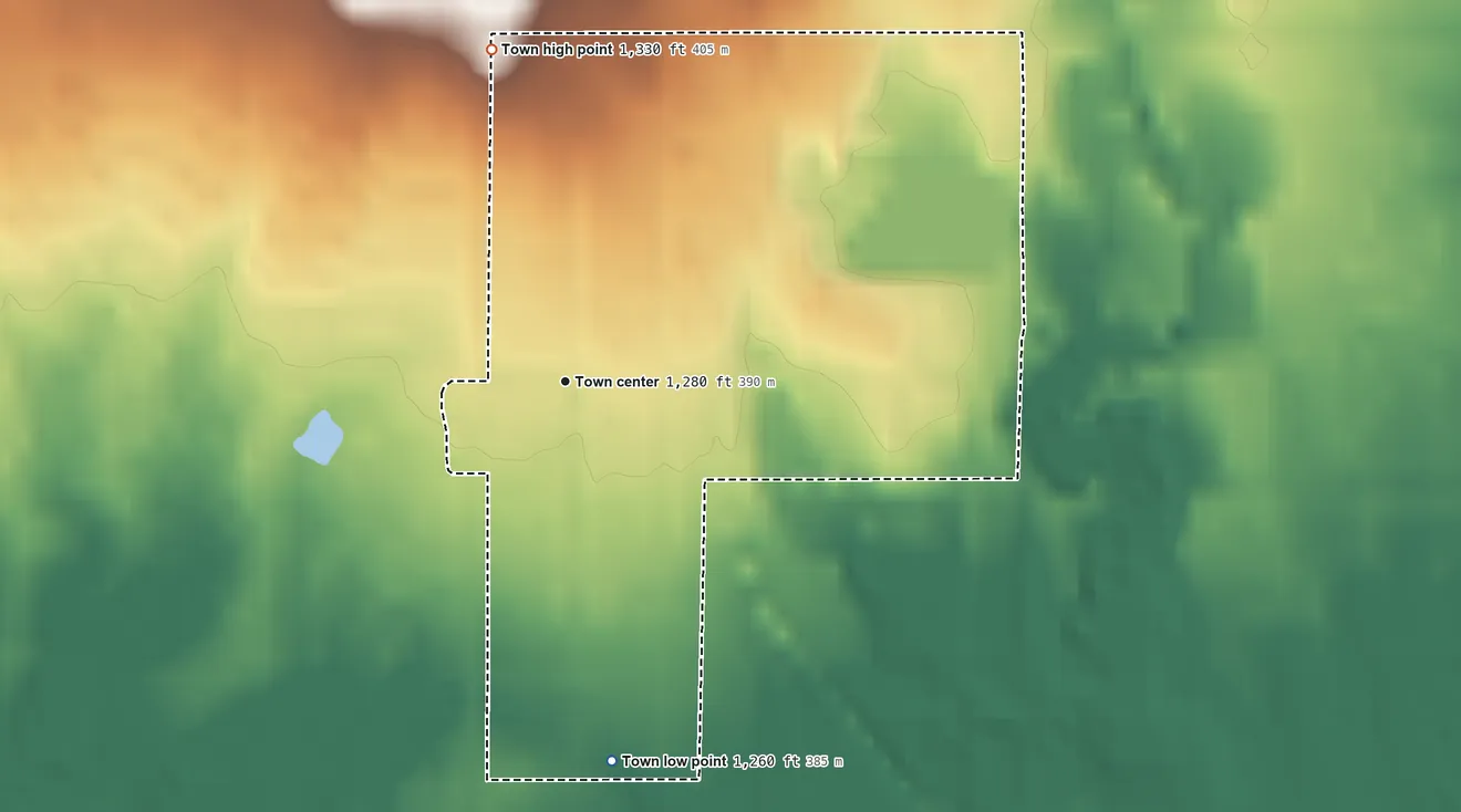 Topographic elevation map of Manchester, Oklahoma, shaded from 1,260 ft on the south side to 1,330 ft on the north side