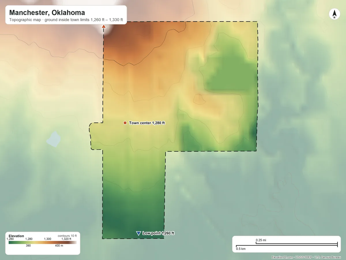 Topographic elevation map of Manchester, Oklahoma, shaded from 1,260 ft on the south side to 1,330 ft on the north side